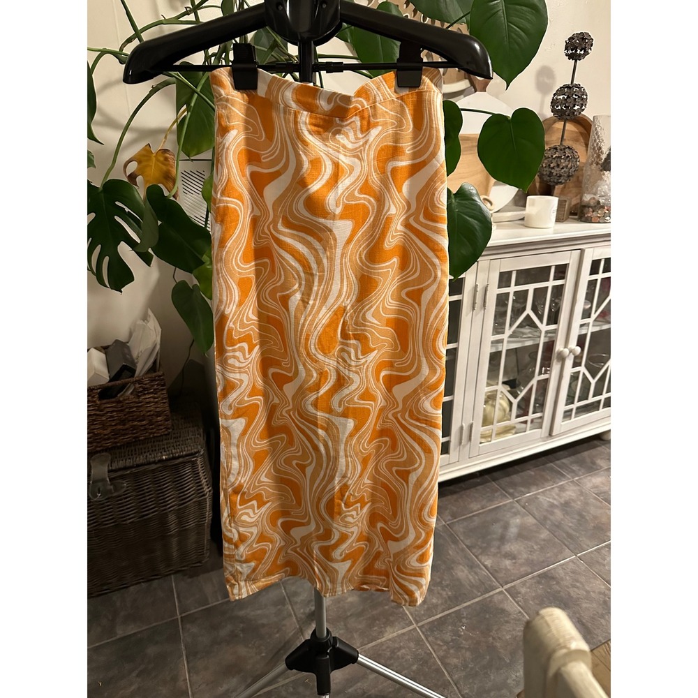 CAARA Abstract Swirl Linen-Blend Midi Skirt - Orange & Cream - XS